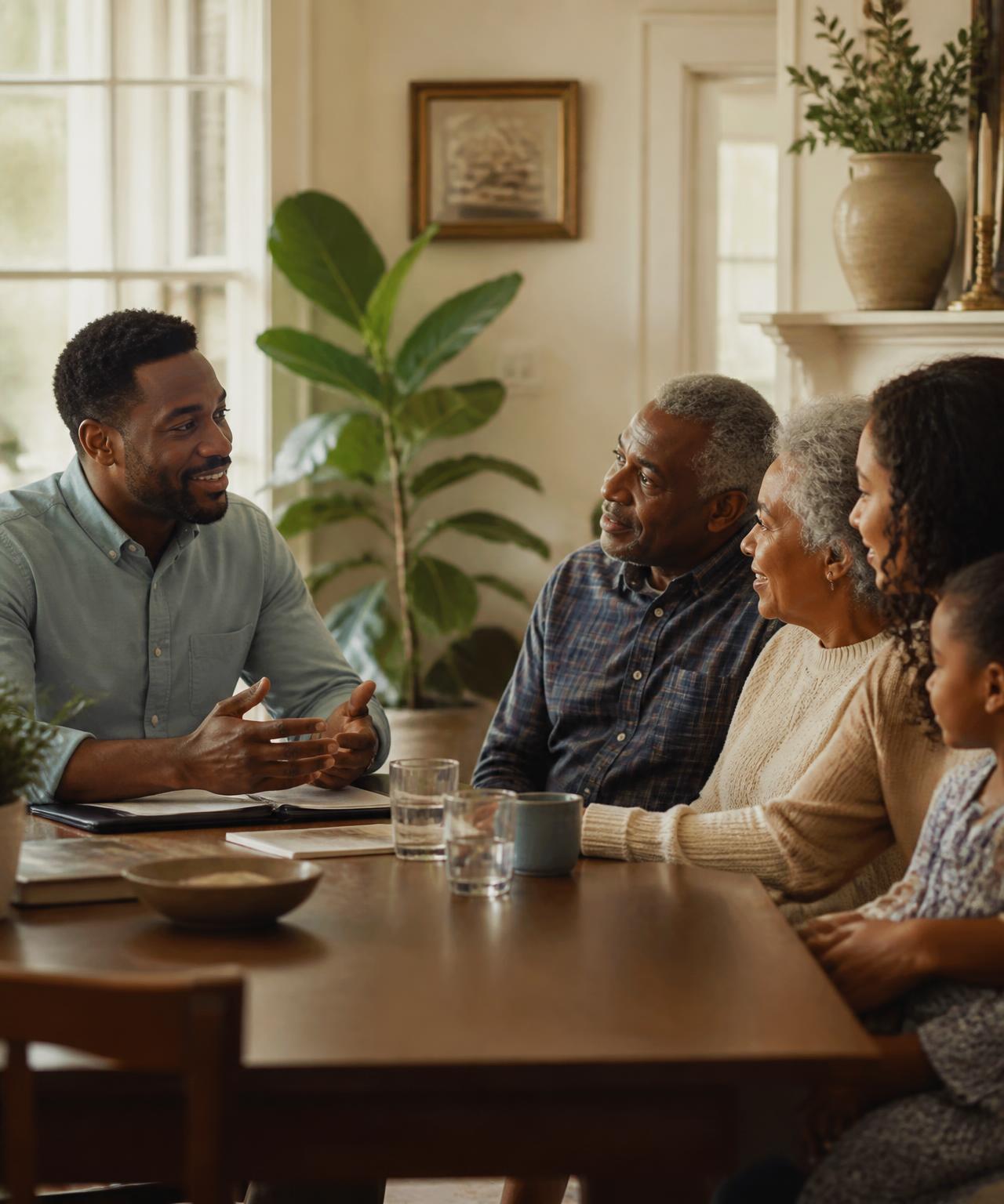 Insurance advisor reviewing coverage options with a multigenerational family at a kitchen table
